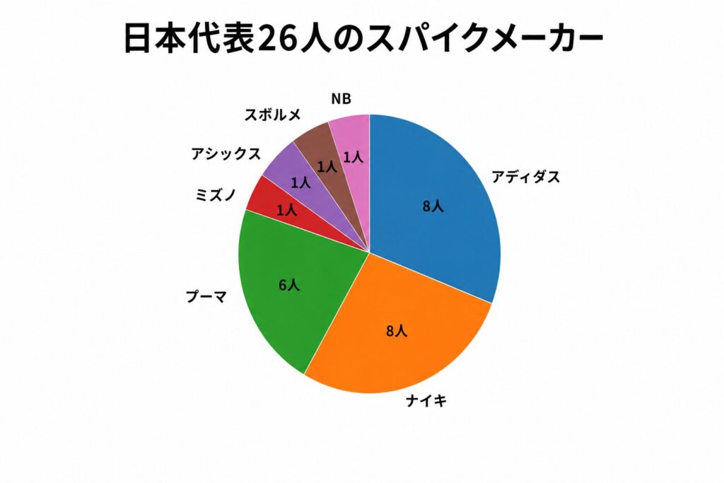 2026年W杯日本代表選手のスパイクメーカーの比較画像